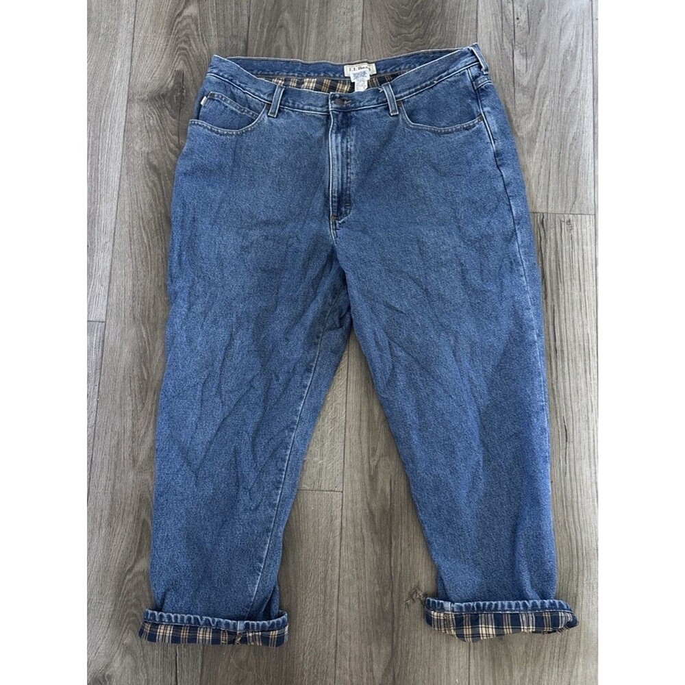 LL Bean Jeans Mens 40x28 Blue Flannel Lined Classic Fit Plaid Straight Leg Denim